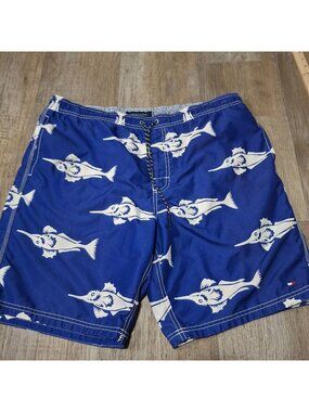 Tommy Hilfiger Mens Marlin Print Blue Swim Trunks Size M Fully Lined Fish